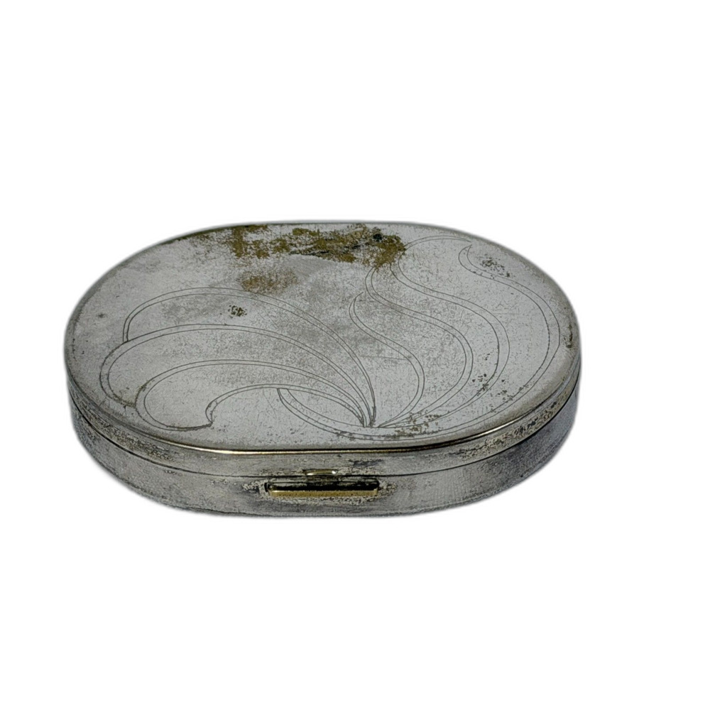 VTG Silver Swirl Oval Hinged Compact 1940s Vanity Purse Powder Bridal Glam